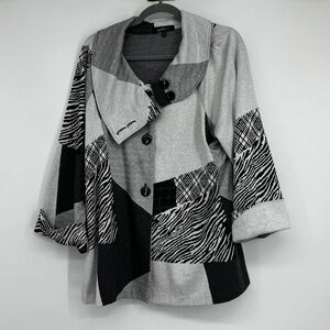 Yushi Large Black/Gray/White Ray/Poly/Span Mixed Print Color Block BF Jacket
